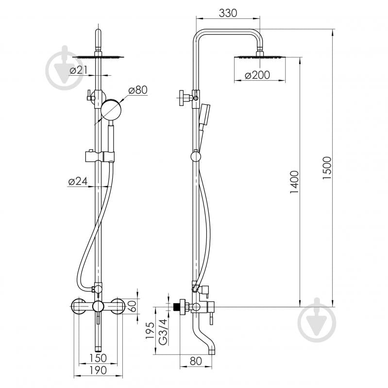 Душевая система RJ LUX SS (смеситель для ванны, душ d200 мм, лейка 80 мм 1 режим, шланг 1500 мм SS), сталь - фото 2 Душевая система RJ LUX SS (смеситель для ванны, душ d200 мм, лейка 80 мм 1 режим, шланг 1500 мм SS), сталь - фото 2