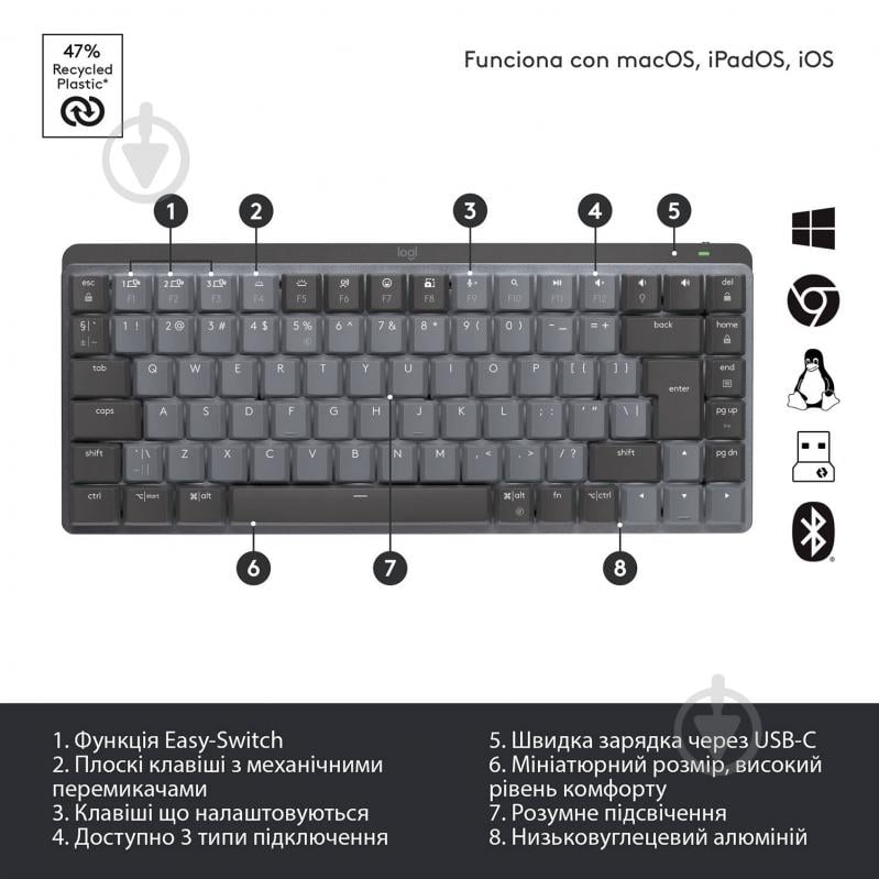 Клавіатура Logitech MX Mechanical Mini Clicky Minimalist Wireless Illuminated graphite (920-010782) - фото 7