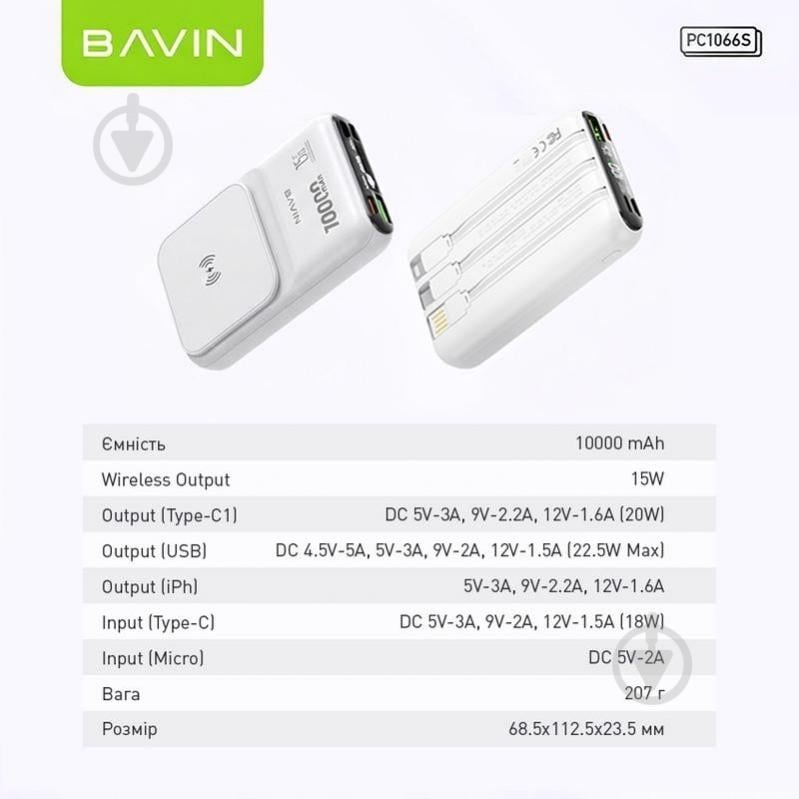 Повербанк BAVIN 10000 mAh white (Y-PC1066S-WH) - фото 7