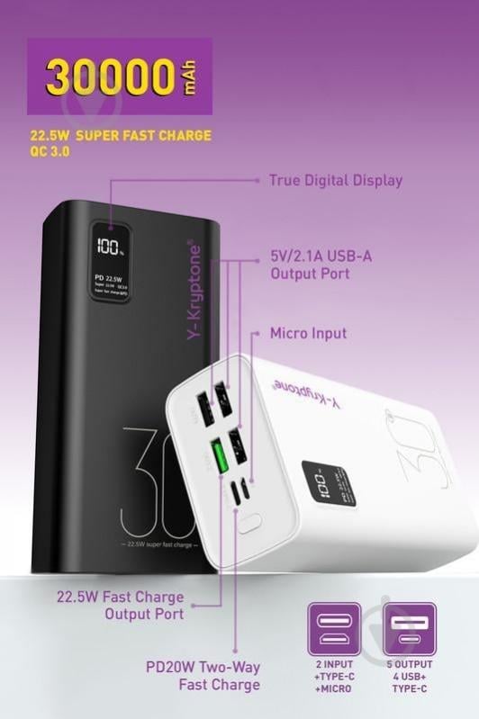 Повербанк Y-Kryptone 30000 mAh black (YK-GT33-B) - фото 2