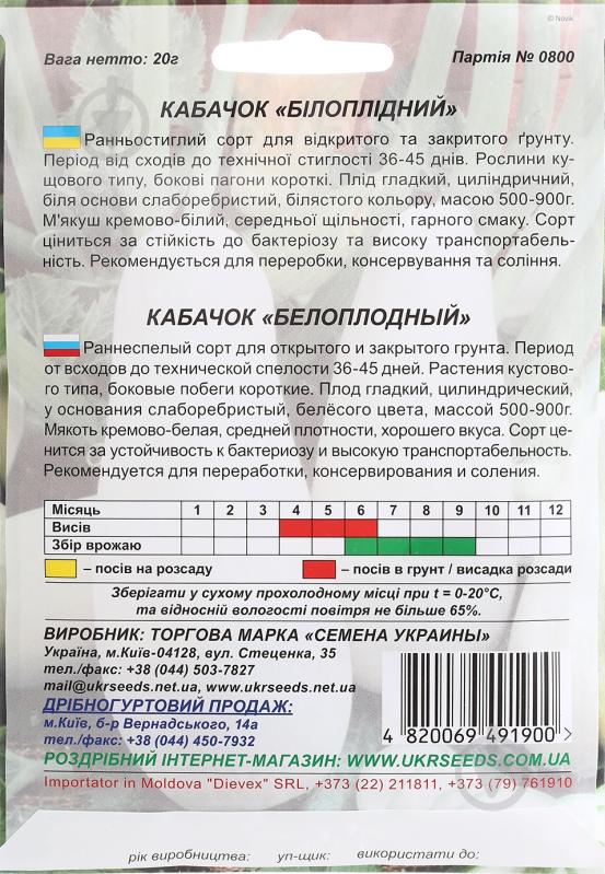 Насіння кабачок Білоплідний 20 г Насіння України - фото 2