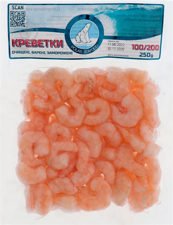 Креветки Polar Seafood заморожені варені очищені без хвоста 100/200 250 г 4820226000433 - фото 1