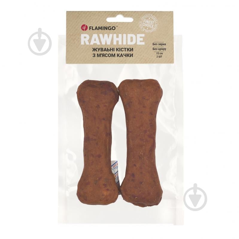 Ласощі Flamingo жувальні кістки обгорнуті м'ясом качки для собак 15 см 2 шт. - фото 1 Ласощі Flamingo жувальні кістки обгорнуті м'ясом качки для собак 15 см 2 шт. - фото 1