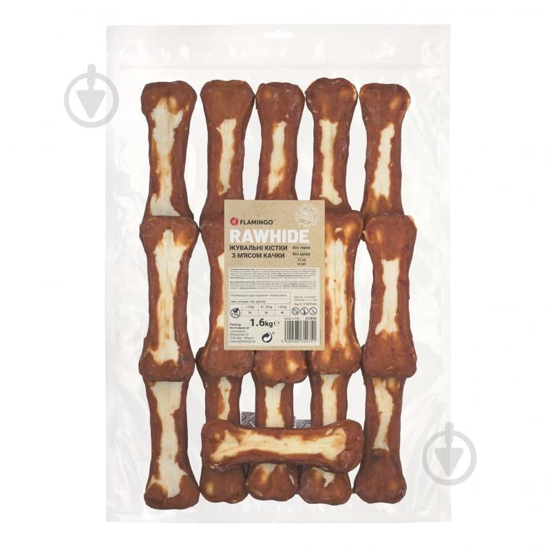 Ласощі Flamingo жувальні кістки обгорнуті м'ясом качки для собак 15 см 16 шт. - фото 1 Ласощі Flamingo жувальні кістки обгорнуті м'ясом качки для собак 15 см 16 шт. - фото 1