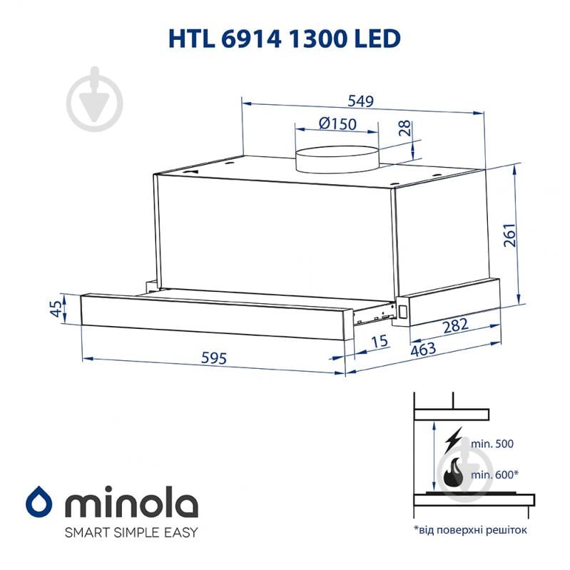 Вытяжка Minola HTL 6914 BL 1300 LED телескопическая - фото 14