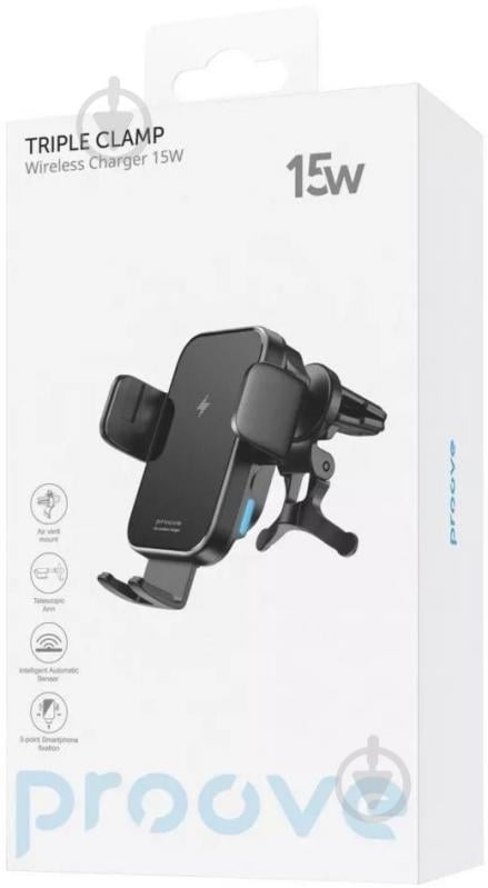 Держатель для мобильного телефона с беспроводным ЗП Triple Clamp 15W black Proove черный - фото 3