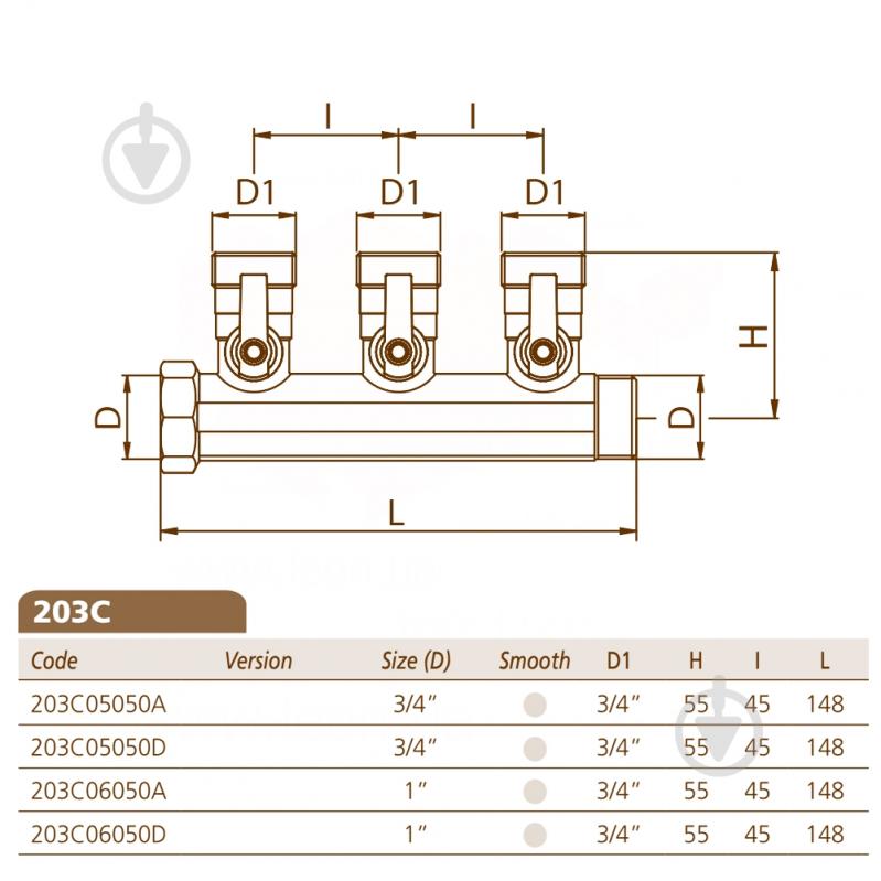 Колектор Bianchi з кульовими кранами Ø1 х 3 х 3/4ЗР (blue/синій) I=45 мм - фото 2