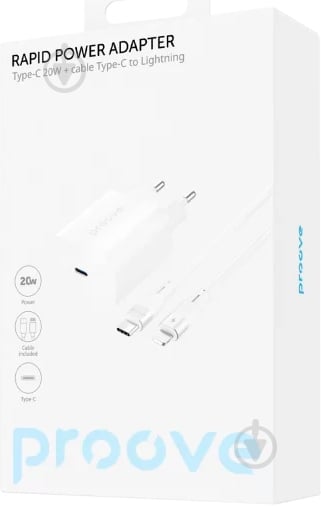 Сетевое зарядное устройство Proove Rapid 20W (Type-C + кабель Type-C to Lightning) WCRP20012102 white - фото 2 Сетевое зарядное устройство Proove Rapid 20W (Type-C + кабель Type-C to Lightning) WCRP20012102 white - фото 2