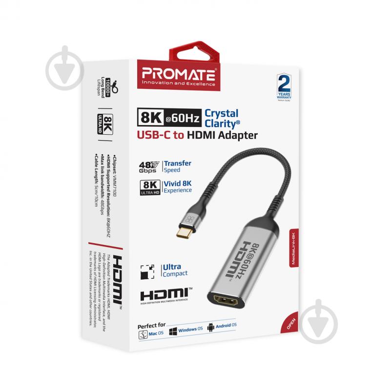 Адаптер Promate MediaLink-8K USB-C to HDMI 8K 60 Гц 0,01 м серый (medialink-8k.grey) - фото 5