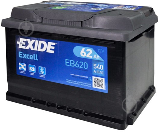 Аккумулятор автомобильный EXIDE Excell 62Ah 540A 12V «+» справа (EB620) - фото 1