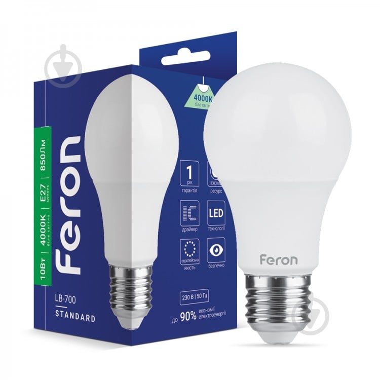 Лампа світлодіодна Feron 10 Вт A60 E27 4000 К LB-700 - фото 1 Лампа світлодіодна Feron 10 Вт A60 E27 4000 К LB-700 - фото 1