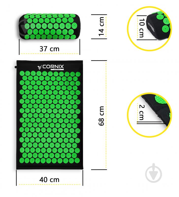 Килимок акупунктурний Cornix з валиком Classic Mat Аплікатор Кузнєцова XR-0110 Black/Green - фото 2
