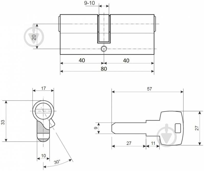 Циліндр Apecs EM-80-NI (CIS) 40x40 ключ-ключ 80 мм хром - фото 4