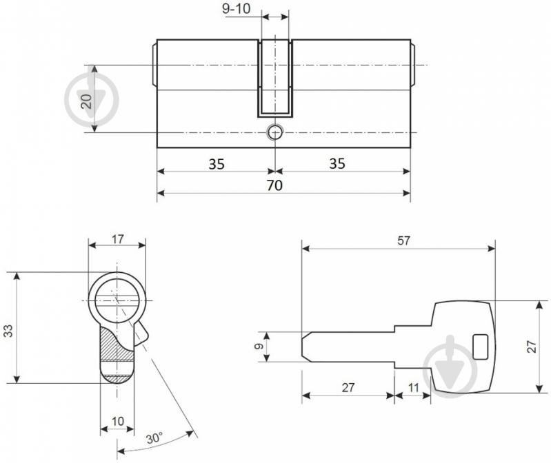 Циліндр Apecs EM-70-G (CIS) 30x30 ключ-ключ 70 мм жовтий - фото 4