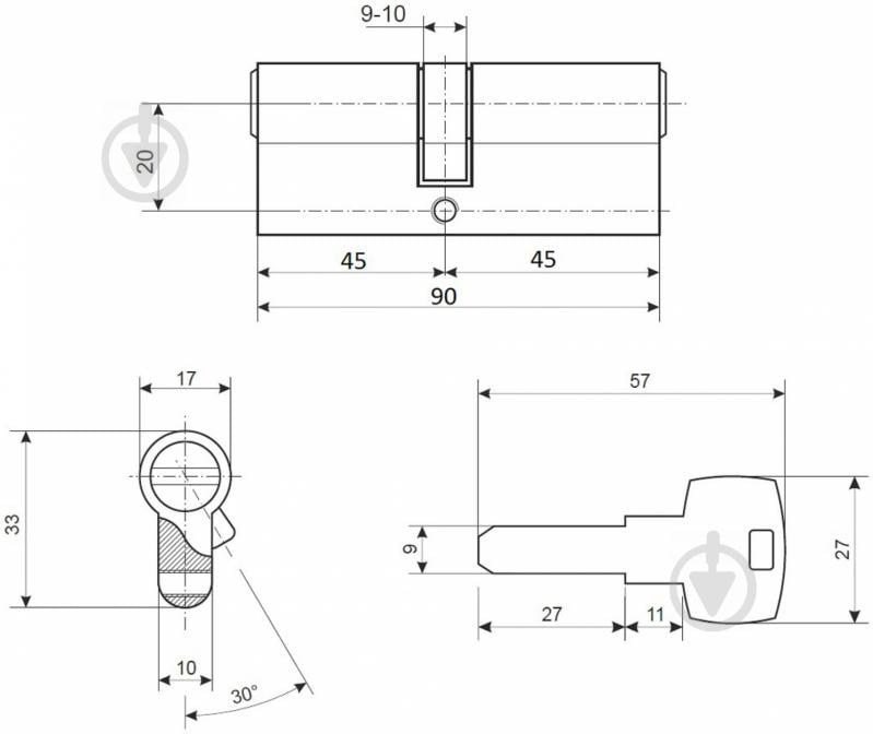 Цилиндр Apecs EM-90-G (CIS) 45x45 ключ-ключ 90 мм желтый - фото 4