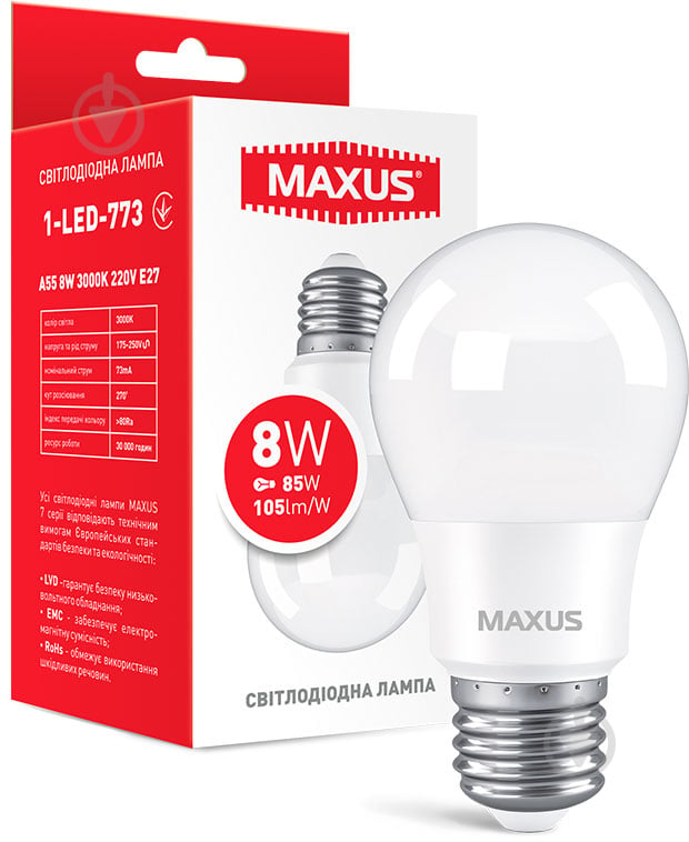 Лампа світлодіодна Maxus 8 Вт A55 матова E27 220 В 3000 К 1-LED-773 - фото 1