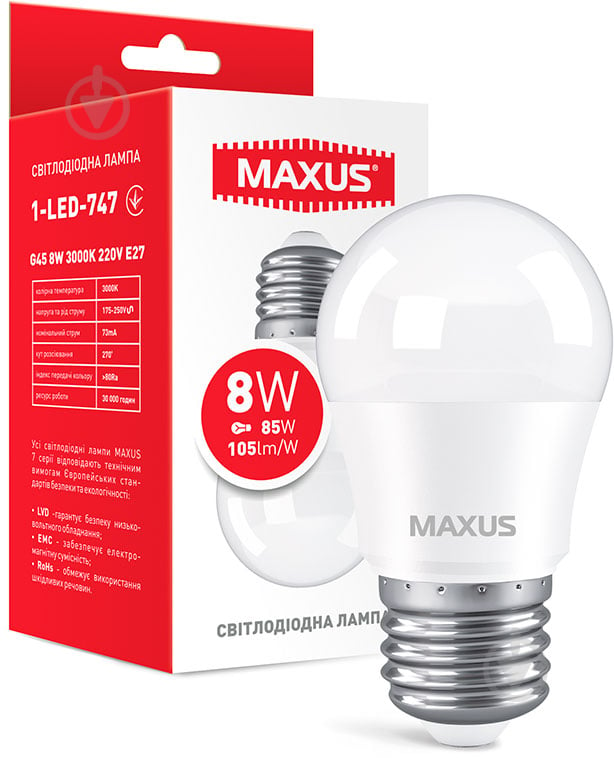 Лампа светодиодная Maxus 8 Вт G45 матовая E27 220 В 3000 К 1-LED-747 - фото 1