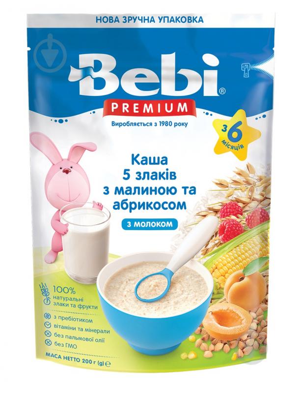 Каша молочна Bebi від 6 місяців Premium 5 злаків з малиною та абрикосом 200 г - фото 1