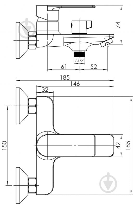 Змішувач для ванни RJ ARA, з душовим гарнітуром, хром - фото 2