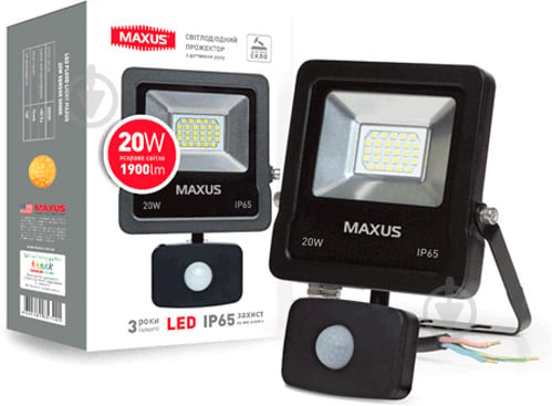 Прожектор з датчиком руху Maxus 1-Max-01-LFL-2050s LED 20 Вт IP65 чорний - фото 1