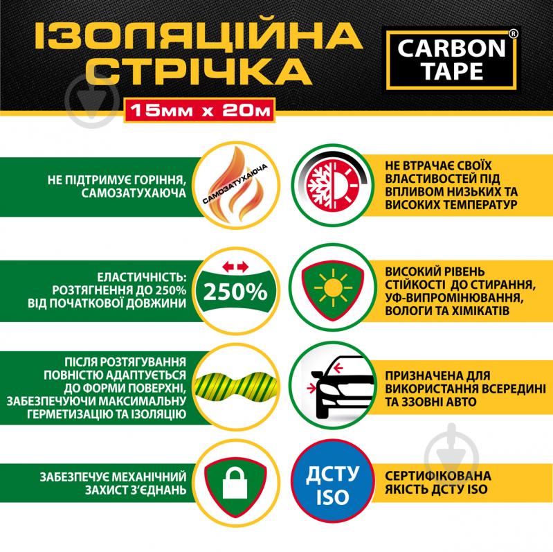 Лента изоляционная CARBON TAPE 15 мм 20 м желто-зеленый - фото 4