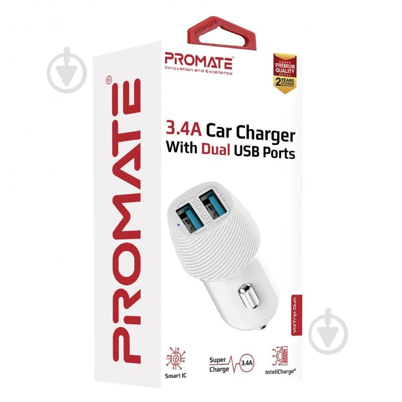 Автомобільний зарядний пристрій Promate Voltrip-Duo 17Вт 2 USB White - фото 7