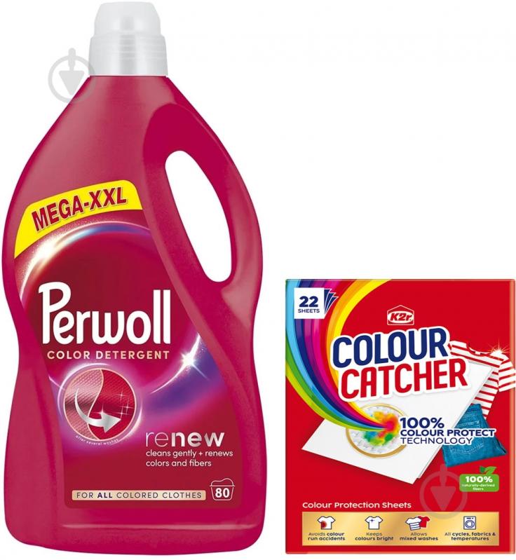 Набір засобів Perwoll гель для машинного та ручного прання 4 л + кольоропоглинальні серветки 10 шт. - фото 1