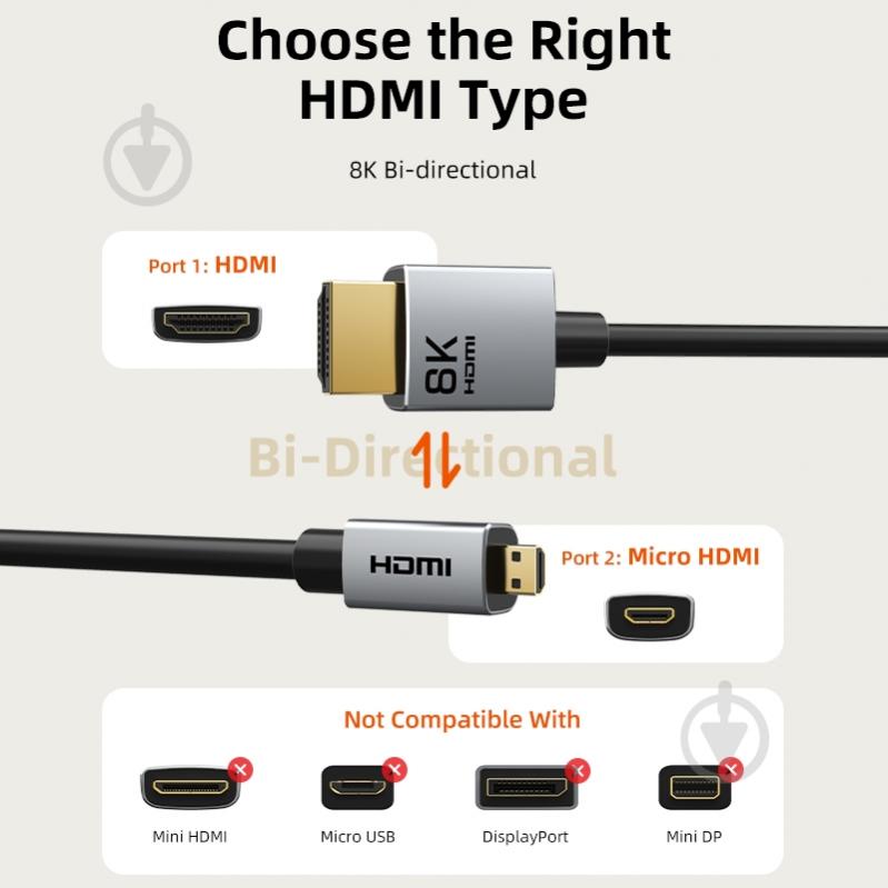 Кабель CableTime micro HDMI (M) - HDMI (M) 8K/60Hz, 48Gbps 3 м blackgrey (CA915880) - фото 5