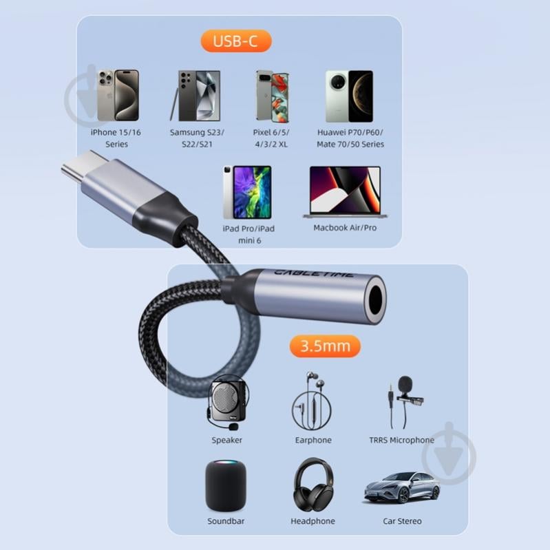 Адаптер CableTime USB Type-C (M) - 3.5 мм (F) blackgrey (CA915361) - фото 4