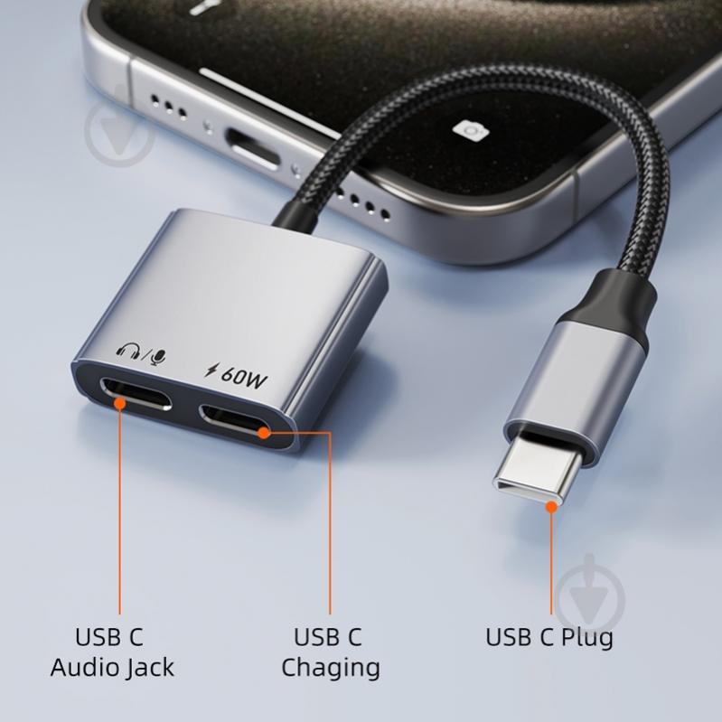 Адаптер CableTime USB Type-C (M) - Type-C Audio (F) / Type-C (F) blackgrey (CA915781) - фото 3