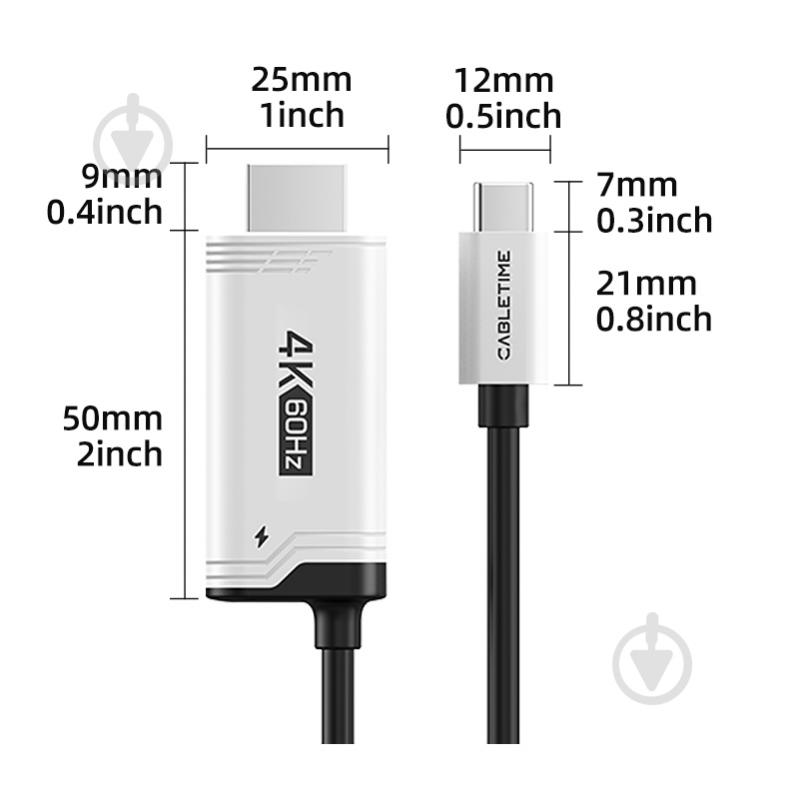 Кабель CableTime USB Type-C (M) - HDMI (M) PD100W 2 м blackgrey (CA915798) - фото 2 Кабель CableTime USB Type-C (M) - HDMI (M) PD100W 2 м blackgrey (CA915798) - фото 2