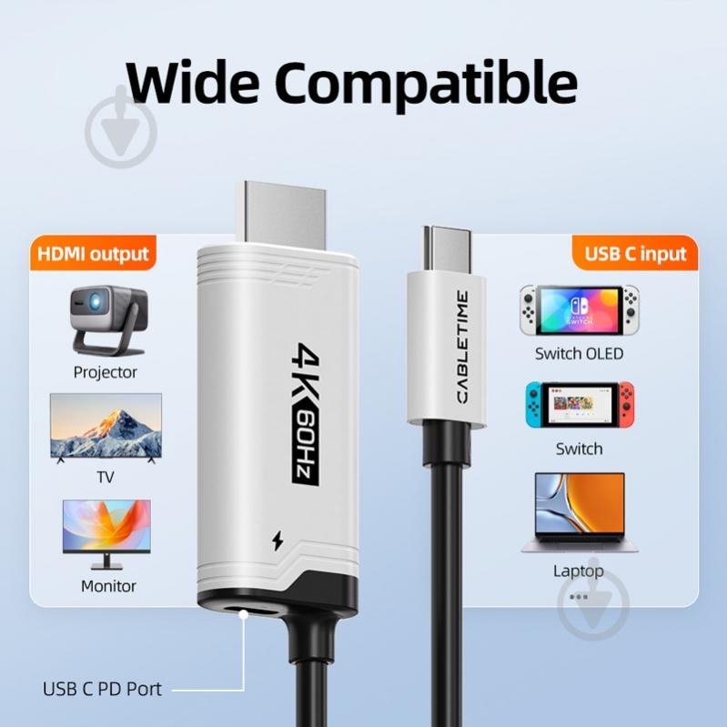 Кабель CableTime USB Type-C (M) - HDMI (M) PD100W 2 м blackgrey (CA915798) - фото 5 Кабель CableTime USB Type-C (M) - HDMI (M) PD100W 2 м blackgrey (CA915798) - фото 5