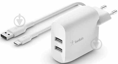 Зарядное устройство Belkin Home Charger (24W) DUAL USB 2.4A, USB-C 1m, white - фото 1