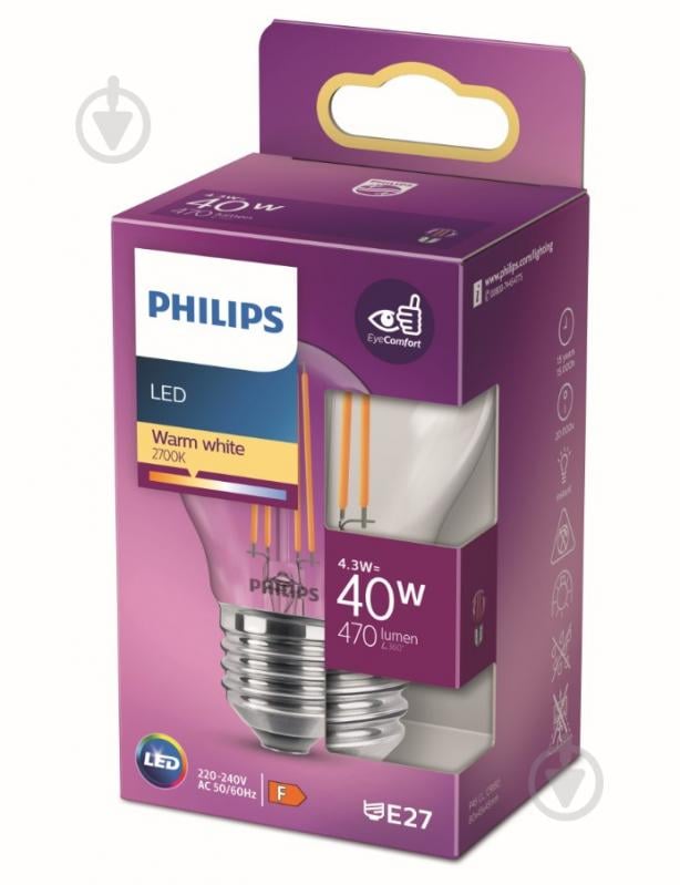 Лампа світлодіодна Philips P45 4,3 Вт E27 2700 К 220-240 В прозора 929001890555 - фото 1