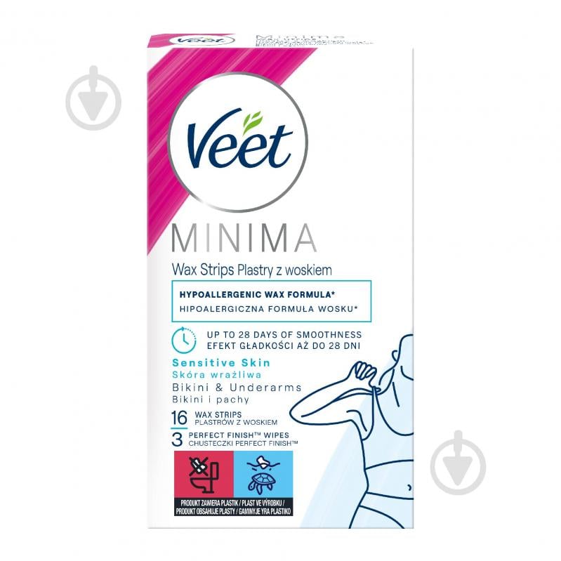 Восковые полоски Veet MINIMA для чувствительной кожи линии бикини и области под мышками гипоаллергенные 16 шт./уп. - фото 1