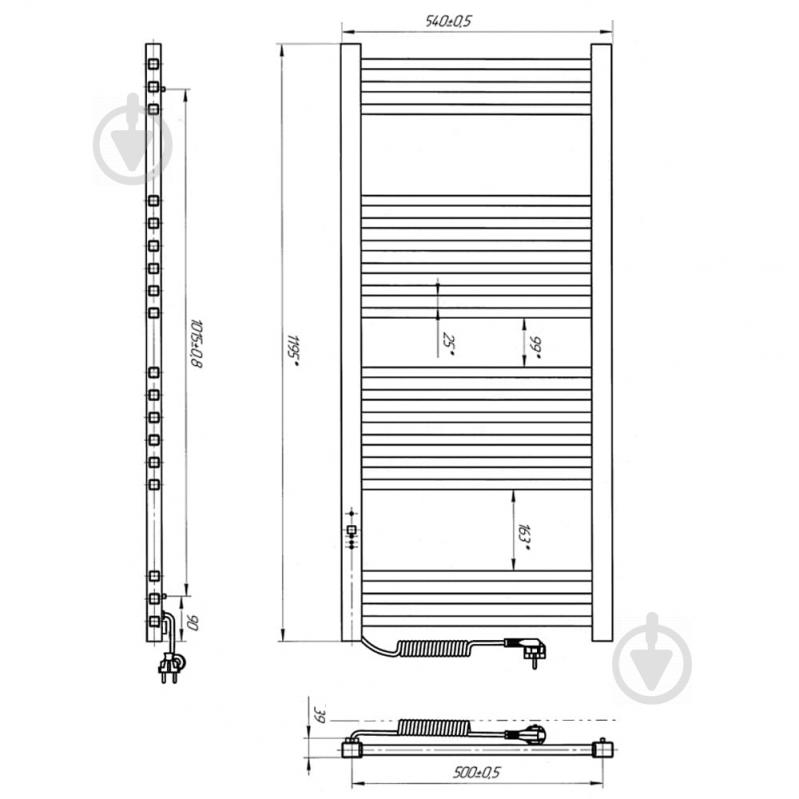 Полотенцесушитель электрический Rhein Adam S18 500х1200 E L PE/MAT RAL9005 430W - фото 7