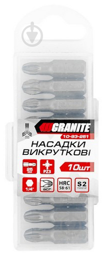 Набір викруткових насадок GRANITE PZ3 25 мм 1/4" 10 шт. 10-93-251 - фото 2