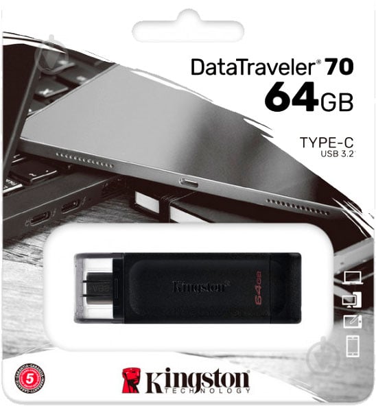 Флеш-память USB Kingston DT70 TYPE-C 64 ГБ USB 3.2 black (DT70/64GB) - фото 7