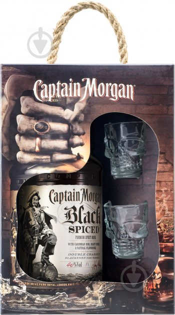 Напиток ромовый Captain Morgan Spiced Black 40% с двумя рюмками 1 л - фото 1