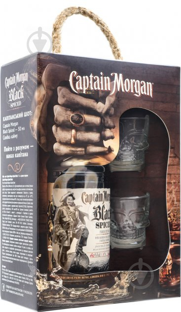 Напиток ромовый Captain Morgan Spiced Black 40% с двумя рюмками 1 л - фото 2