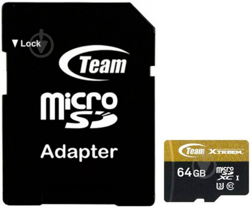 Карта пам'яті Team microSDXC 64GB UHS-I U3 + SD adapter (TUSDX64GU303) - фото 1