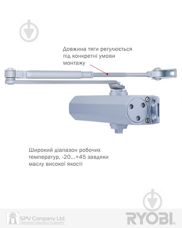 Доводчик дверний RYOBI D-2055V BC з вітровим гальмом срібний 100 кг - фото 2