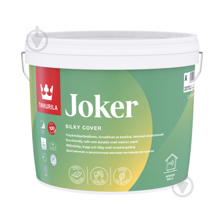 Фарба акрилатна водоемульсійна TIKKURILA Joker, база А шовковистий мат білий 2,7 л 3,65 кг - фото 1