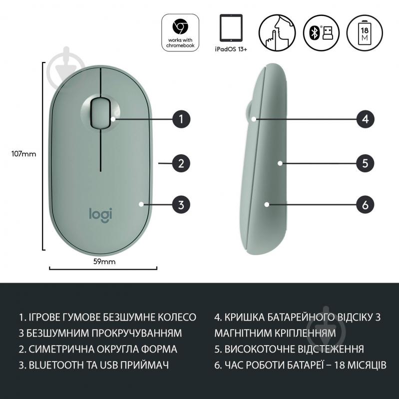 Мишка Logitech Pebble M350 Wireless Mouse eucalyptus (910-005720) - фото 6