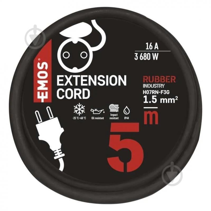 Подовжувач Emos 1,5 мм² 16A 3680 Вт IP44 гума із заземленням 1 гн. чорний 5 м P01805 - фото 5