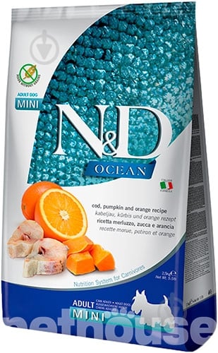 Корм сухий беззерновий Farmina N&D Ocean Grain Free для дорослих собак дрібних порід з тріскою та апельсином 2,5 кг - фото 1