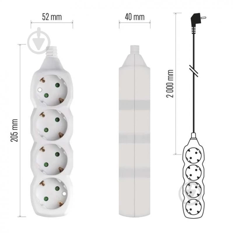 Удлинитель Emos 1 мм² 16A 3680 Вт із заземленням 4 гн. белый 2 м P0422 - фото 4
