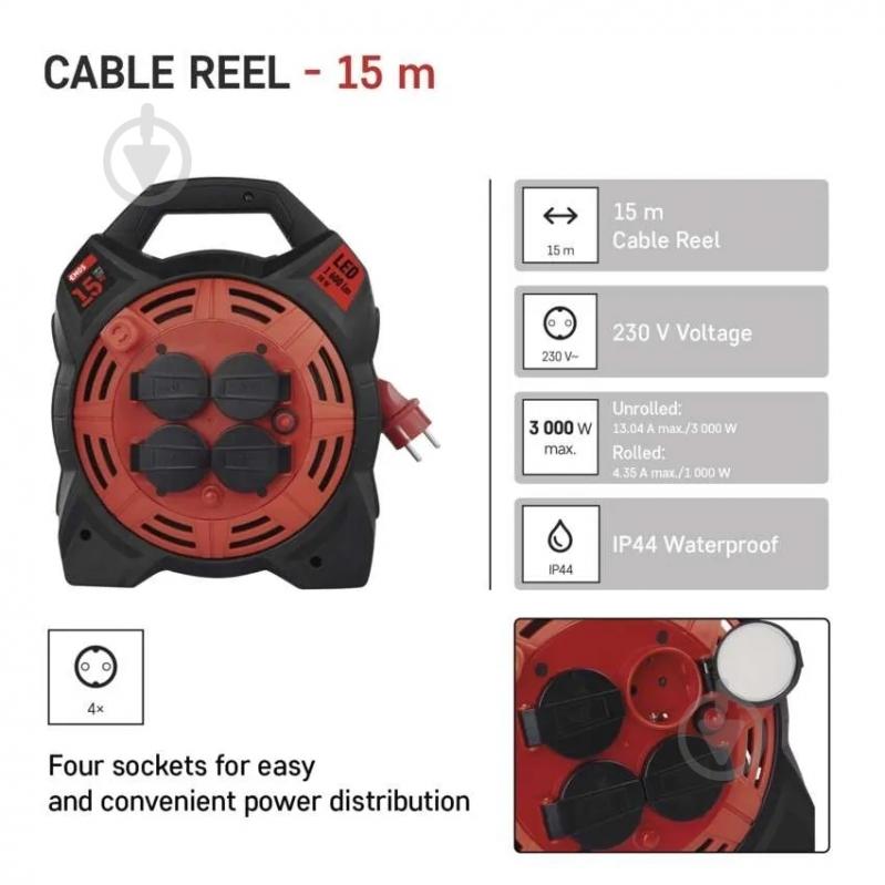 Подовжувач на котушці Emos 1,5 мм² 13A 3000 Вт IP44 гума/неопрен із заземленням 4 гн. чорний 15 м P08215 - фото 4