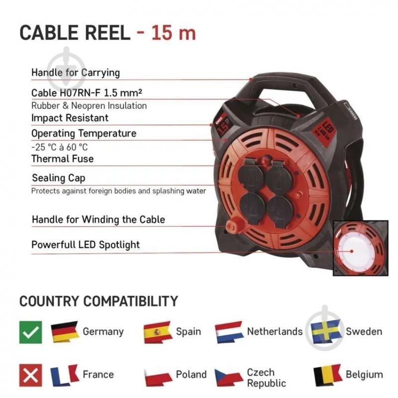 Подовжувач на котушці Emos 1,5 мм² 13A 3000 Вт IP44 гума/неопрен із заземленням 4 гн. чорний 15 м P08215 - фото 5