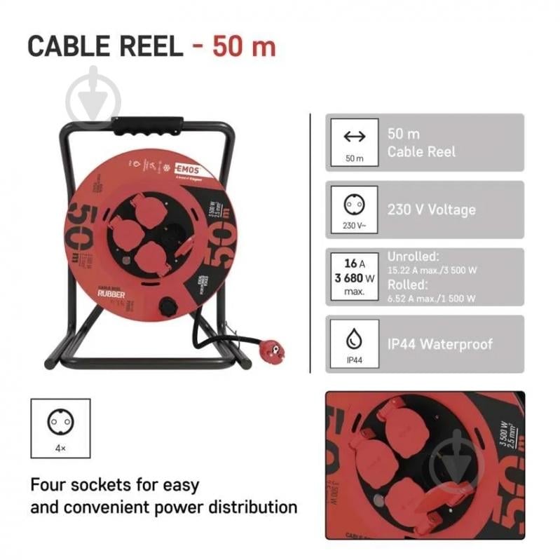 Удлинитель на катушке Emos 2,5 мм² 15A 3500 Вт IP44 резина с заземлением 4 гн. черный 50 м P19221 - фото 4